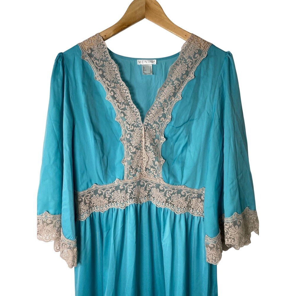 Venus Womens Maxi Dress 10 Blue Lace Empire Waist Flare Sleeve Tiered  Boho 70s